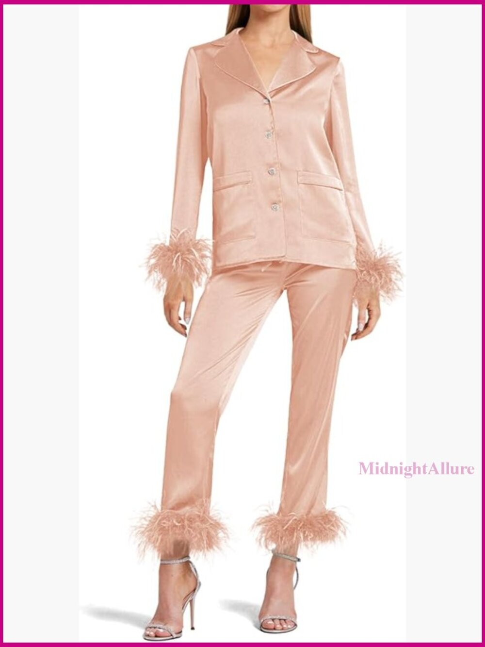 Silk Satin Pajama Set Long Sleeve Feather Trim Pocketed Lounge Sleepwear